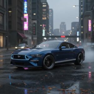 Blue Ford Mustang GT on wet urban street at dusk with illuminated buildings in background