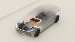 Transparent rendering of a vehicle showing NXP's S32N7 processor centralising control of propulsion, vehicle dynamics, body and safety domains